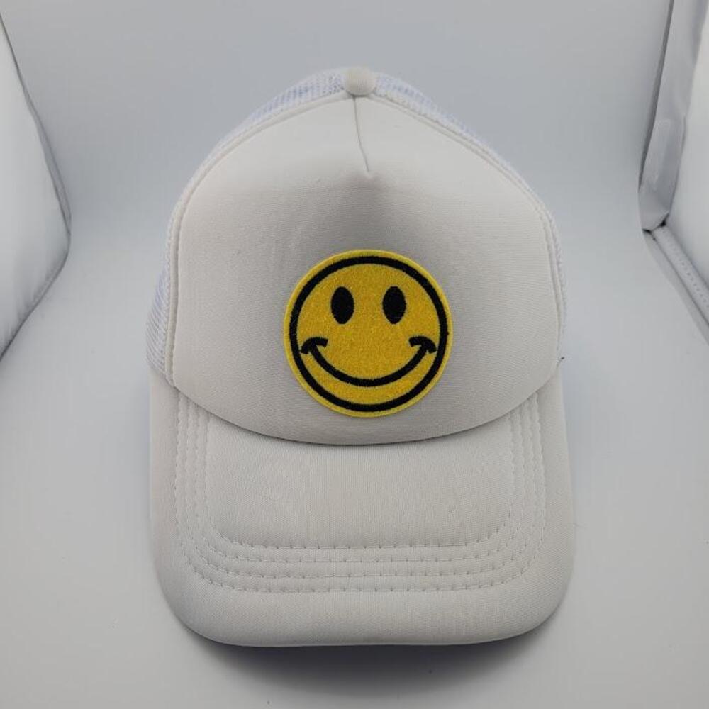 Smiley Face Hat Cap Snap Back White Yellow Mesh Trucker Patch Embroidered Mens